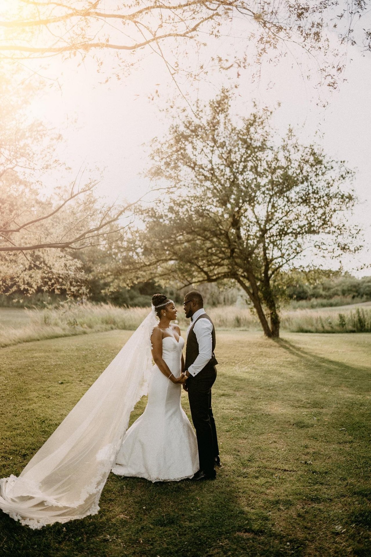 Bride and groom under a tree at golden hour