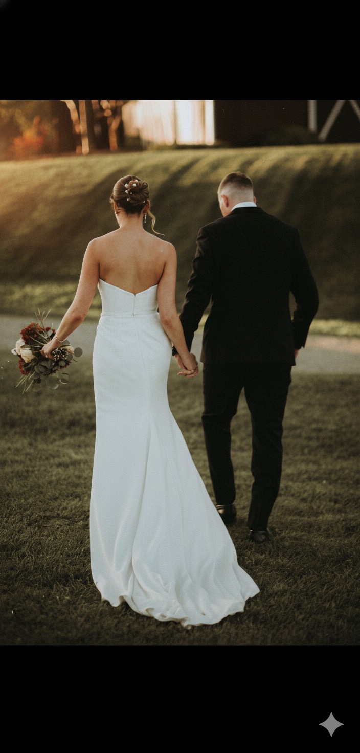 Bride and groom walking hand in hand at sunset
