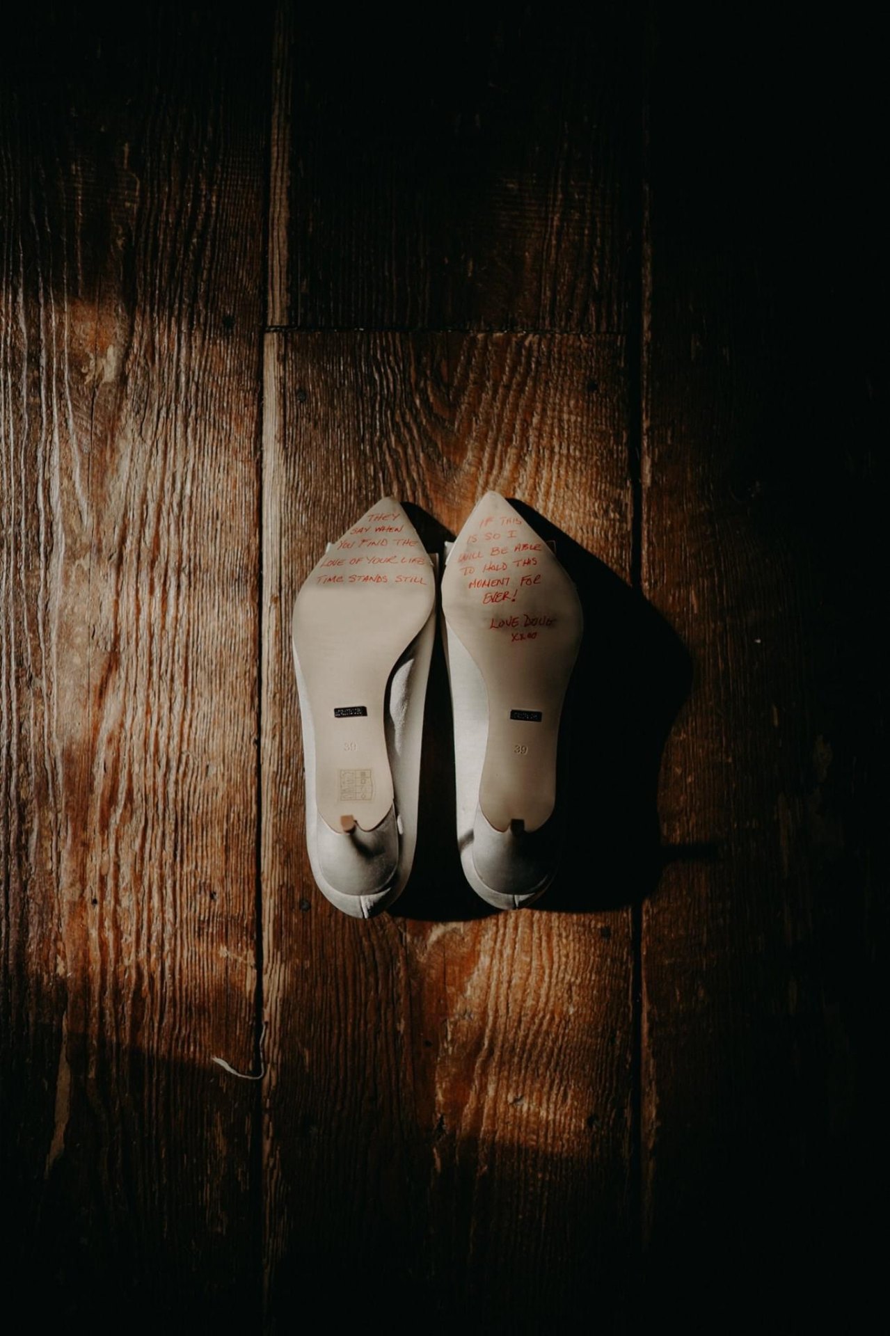 Bridal shoes with handwritten message from the groom
